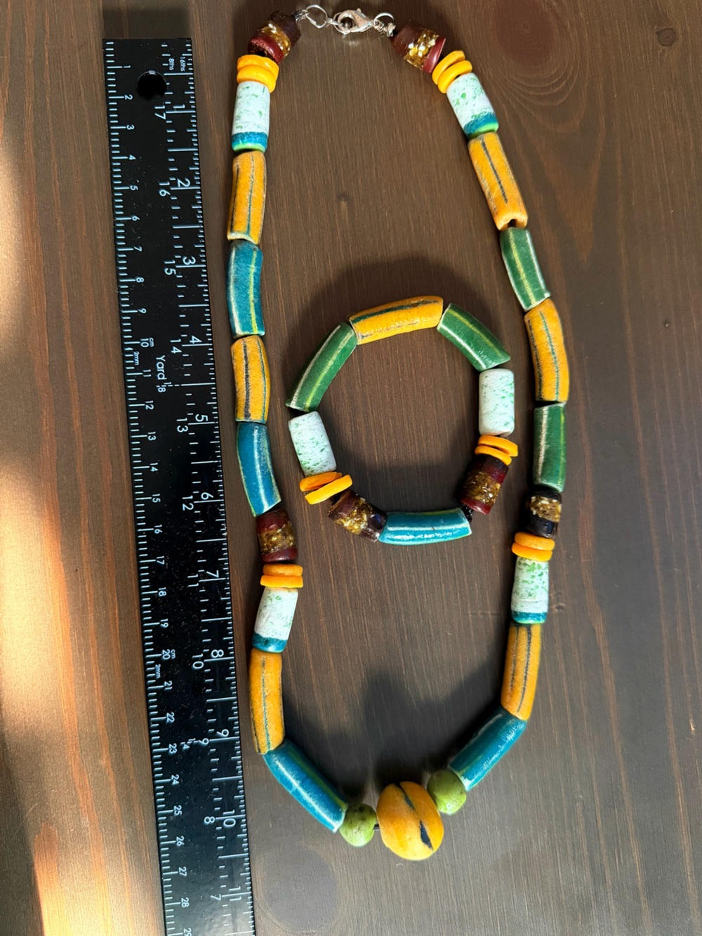 Handcrafted Trade  Bead Necklace & Bracelet Set - Yellow, Green, Teal